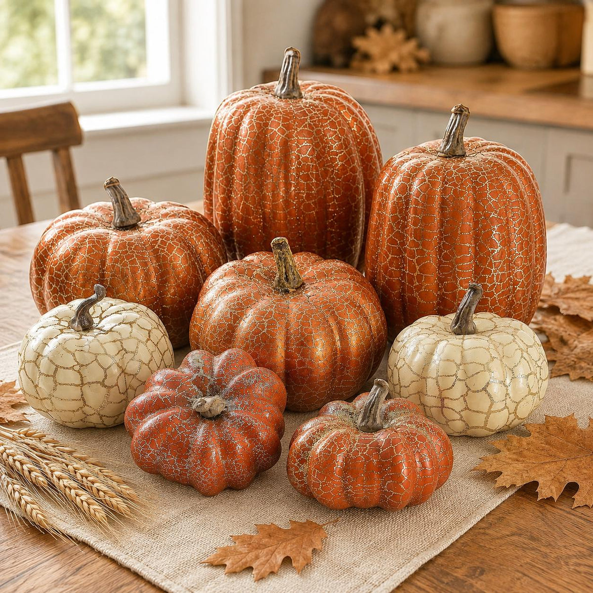 8 Metallic Crackle Pumpkins, Orange and Cream Foam Fall Decor Set, Halloween Thanksgiving Mantel Tabletop Centerpiece