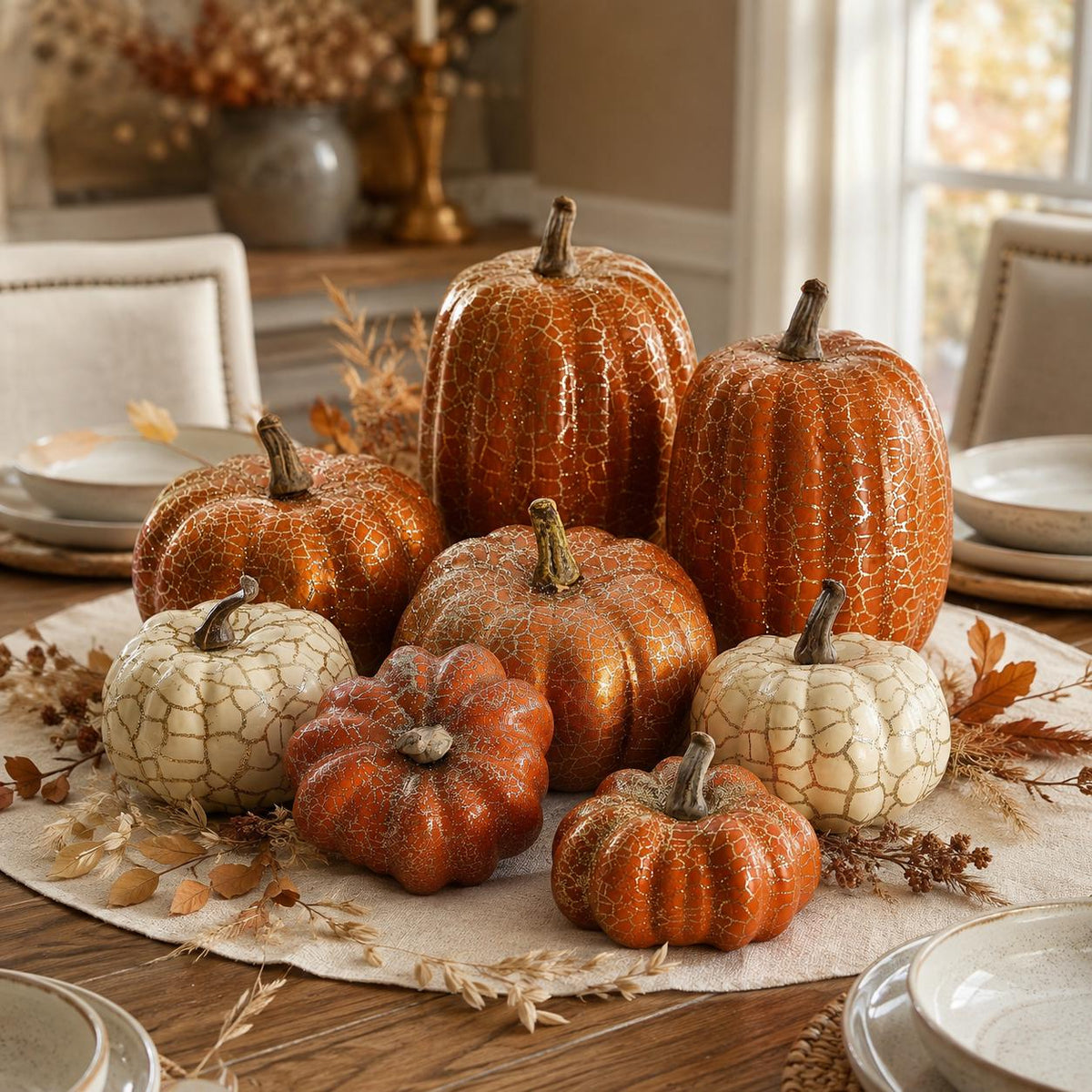 8 Metallic Crackle Pumpkins, Orange and Cream Foam Fall Decor Set, Halloween Thanksgiving Mantel Tabletop Centerpiece