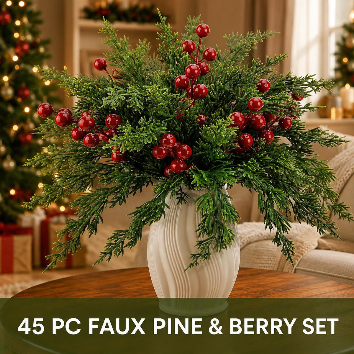 45-Piece Faux Christmas Pine Branches & Red Berry Stems Set
