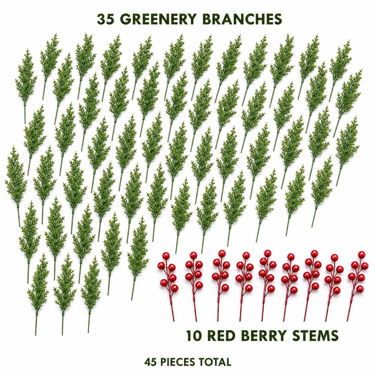 45-Piece Faux Christmas Pine Branches & Red Berry Stems Set