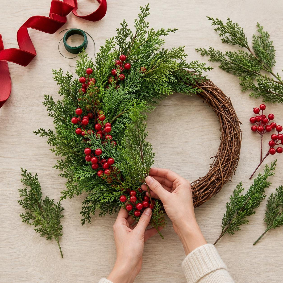 45-Piece Faux Christmas Pine Branches & Red Berry Stems Set