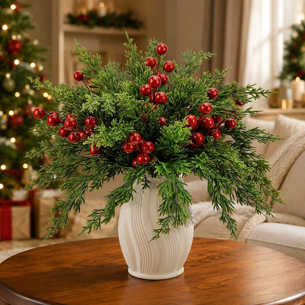 45-Piece Faux Christmas Pine Branches & Red Berry Stems Set