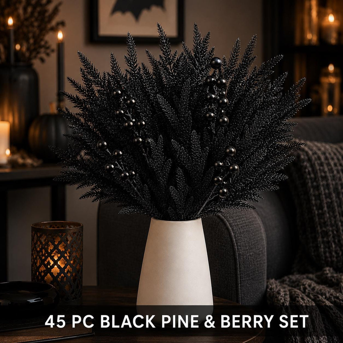45-Piece Black Norfolk Pine Branch Set, Faux Halloween Berry Stems, Gothic Vase Filler, Wreath and Garland Supply