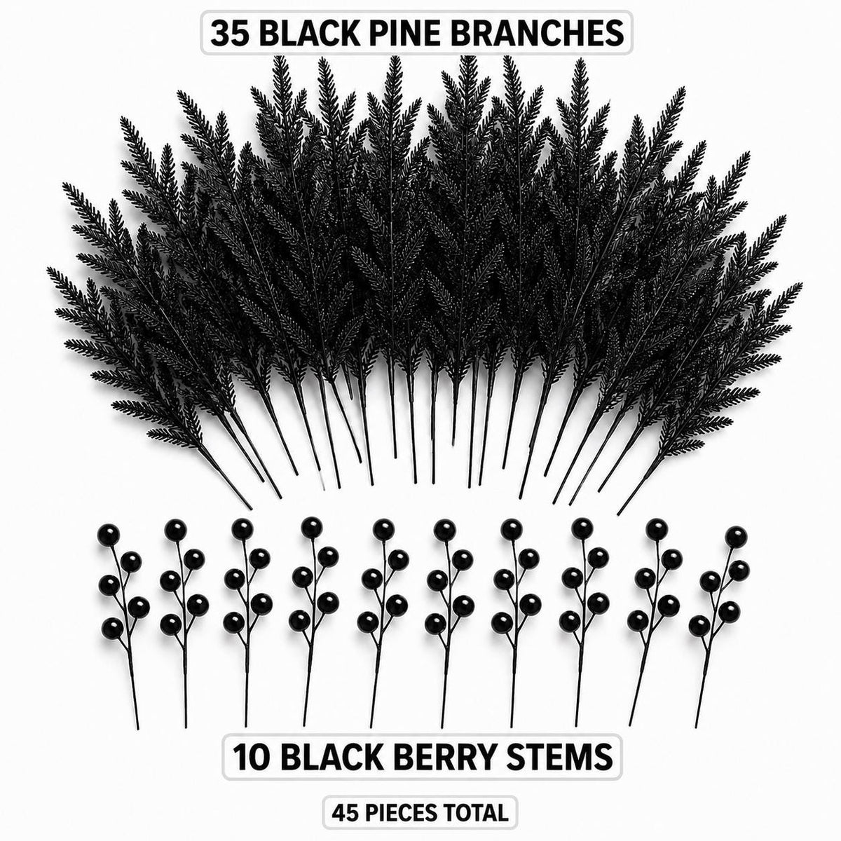 45-Piece Black Norfolk Pine Branch Set, Faux Halloween Berry Stems, Gothic Vase Filler, Wreath and Garland Supply