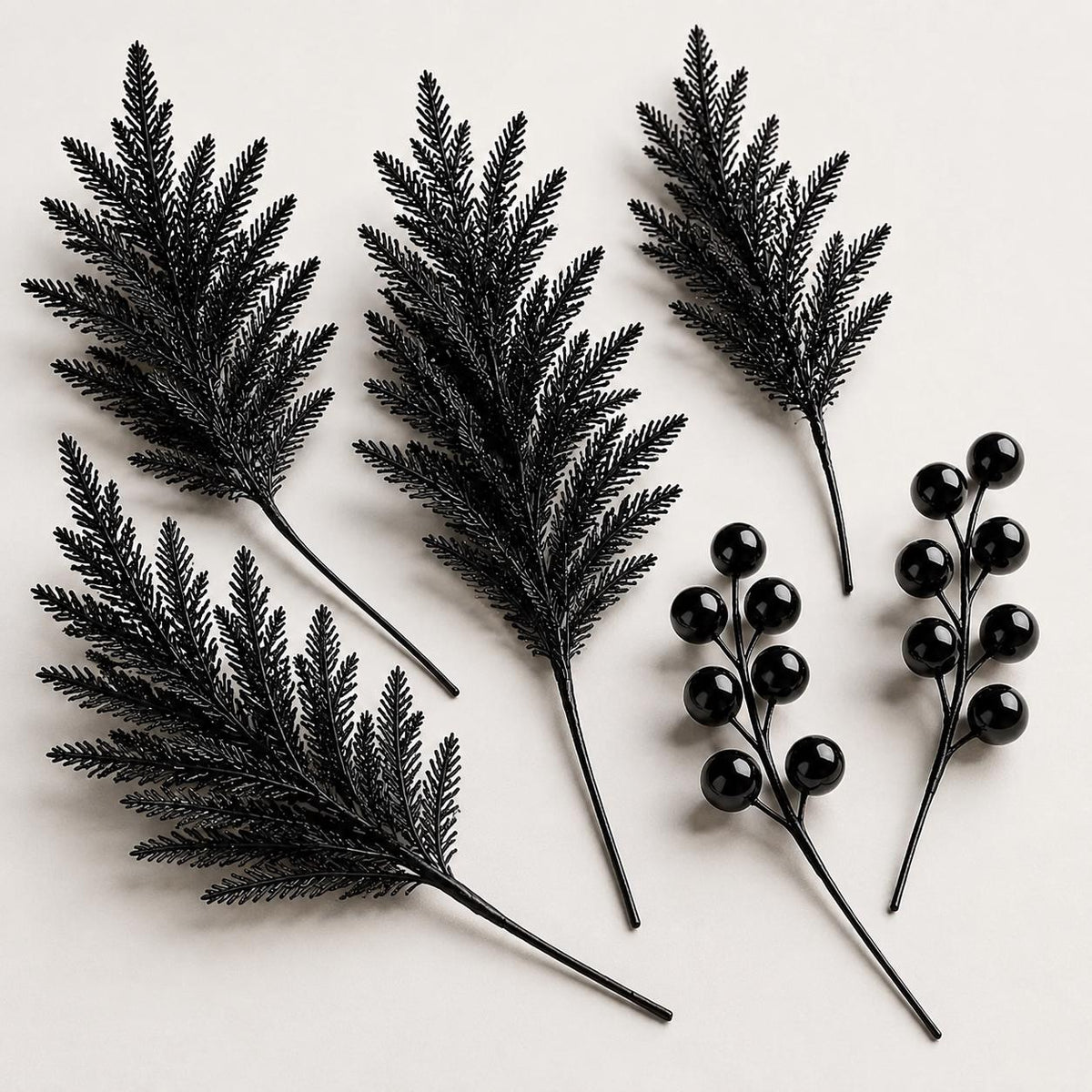 45-Piece Black Norfolk Pine Branch Set, Faux Halloween Berry Stems, Gothic Vase Filler, Wreath and Garland Supply