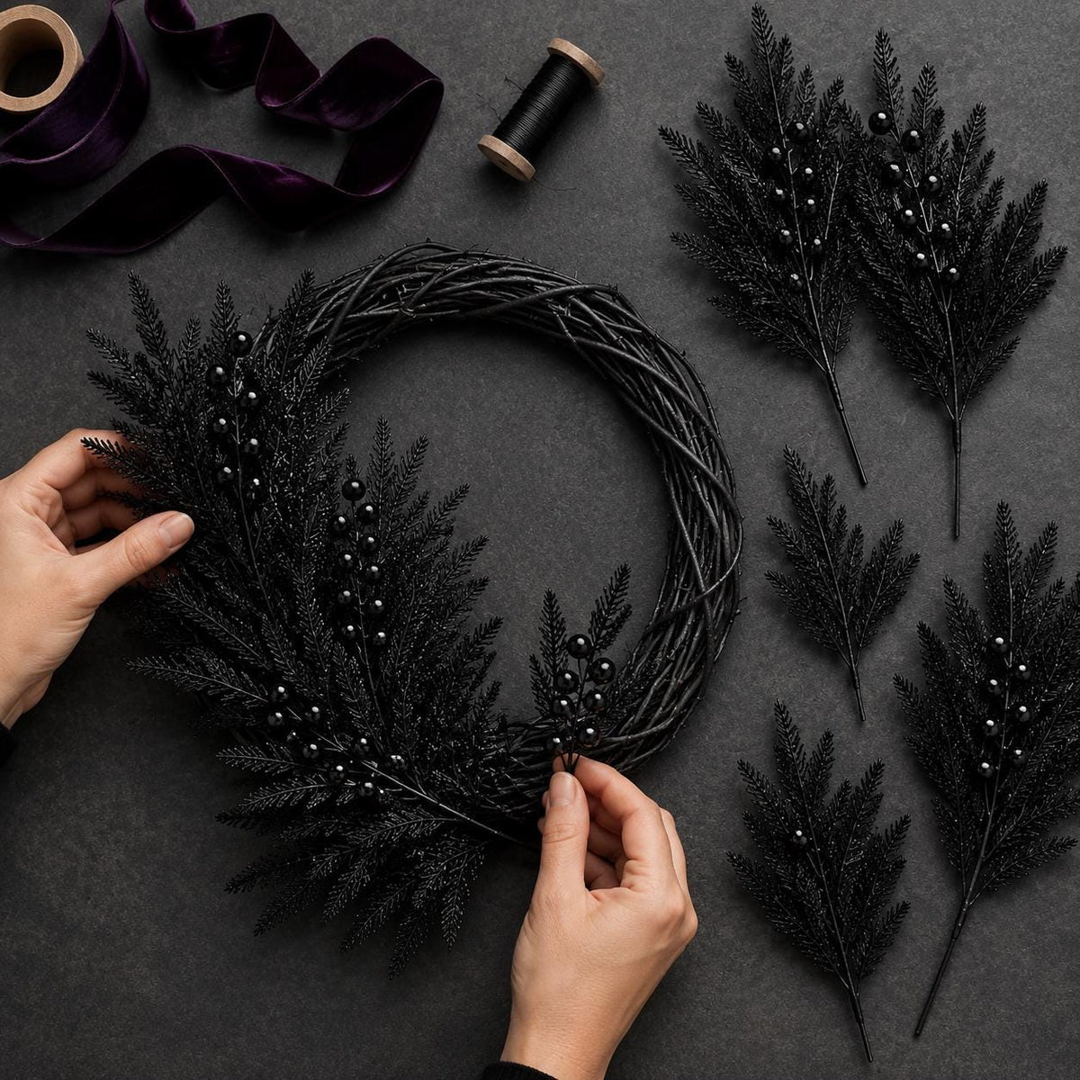 45-Piece Black Norfolk Pine Branch Set, Faux Halloween Berry Stems, Gothic Vase Filler, Wreath and Garland Supply
