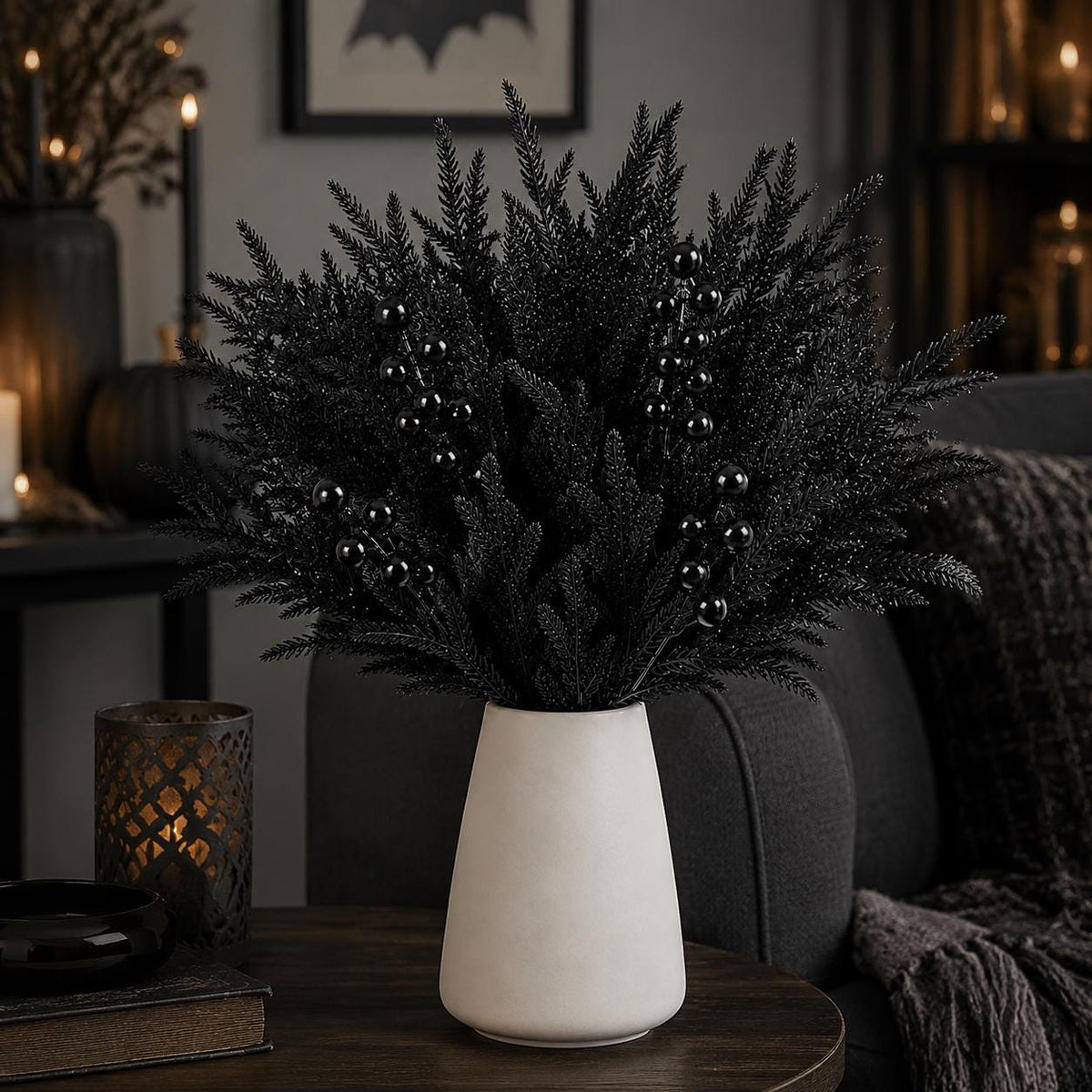 45-Piece Black Norfolk Pine Branch Set, Faux Halloween Berry Stems, Gothic Vase Filler, Wreath and Garland Supply