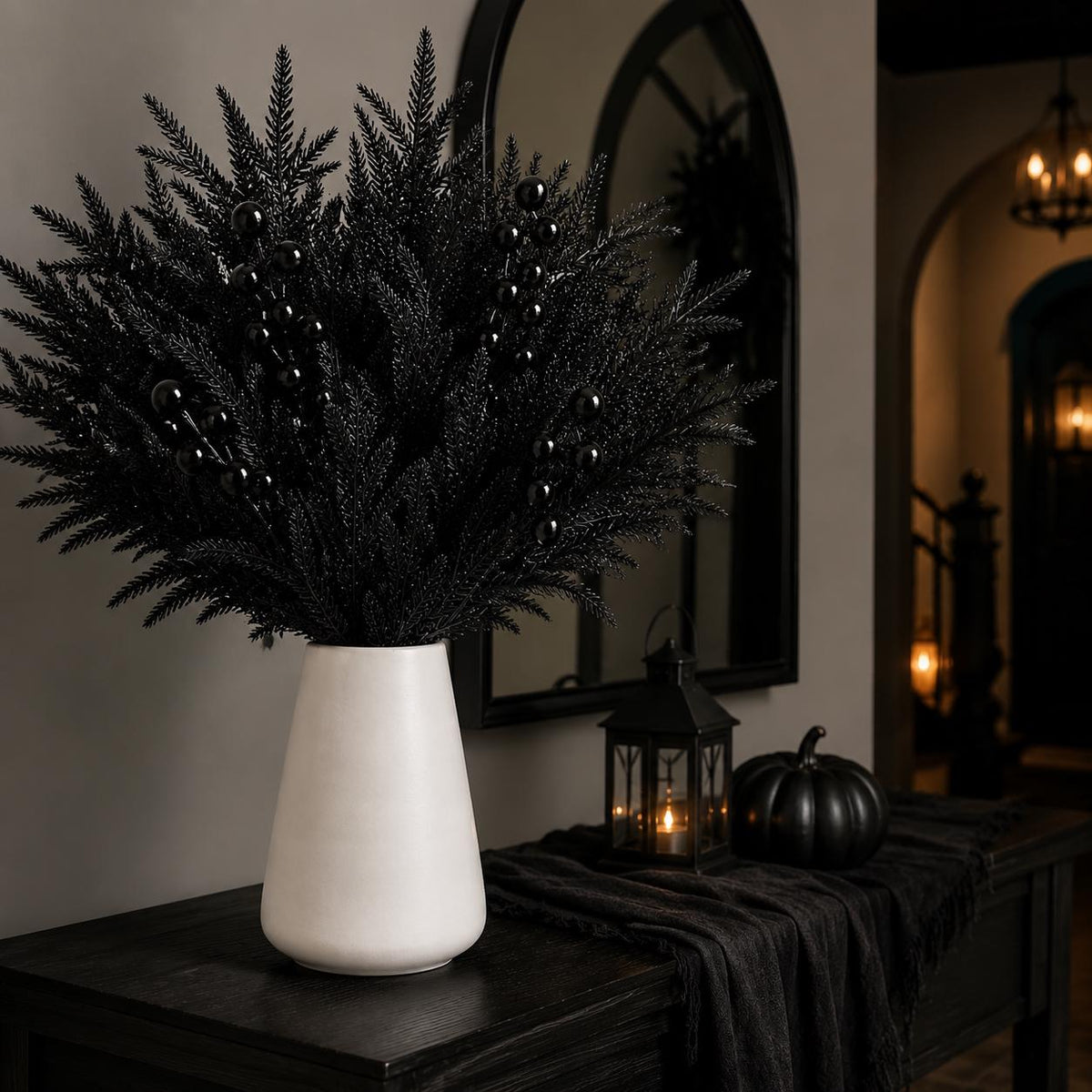 45-Piece Black Norfolk Pine Branch Set, Faux Halloween Berry Stems, Gothic Vase Filler, Wreath and Garland Supply