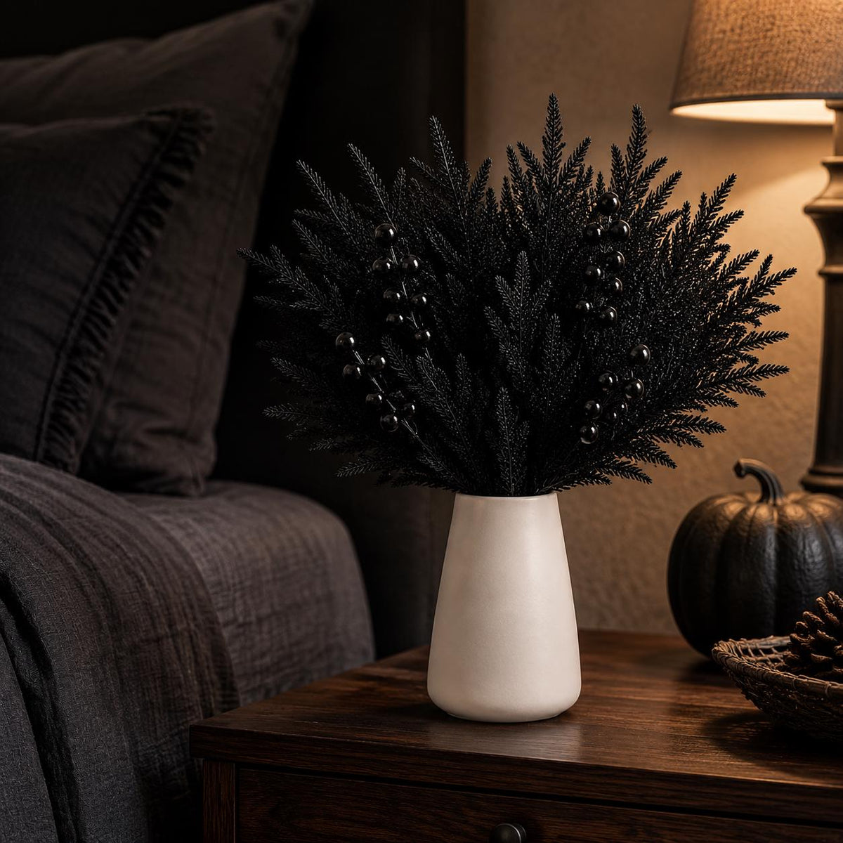 45-Piece Black Norfolk Pine Branch Set, Faux Halloween Berry Stems, Gothic Vase Filler, Wreath and Garland Supply