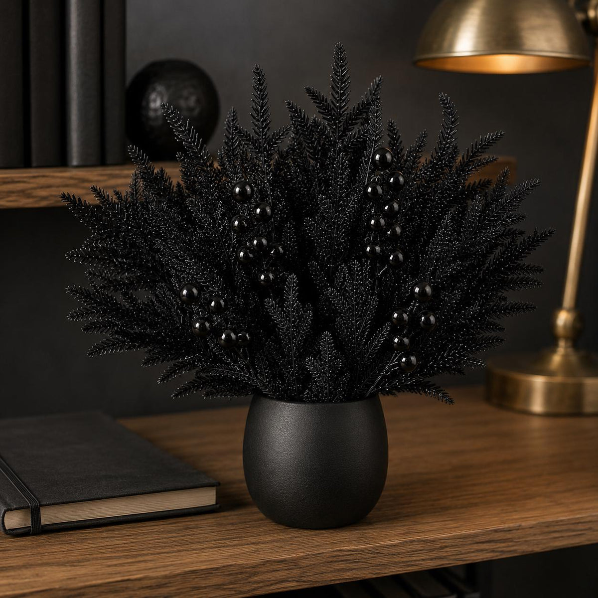 45-Piece Black Norfolk Pine Branch Set, Faux Halloween Berry Stems, Gothic Vase Filler, Wreath and Garland Supply