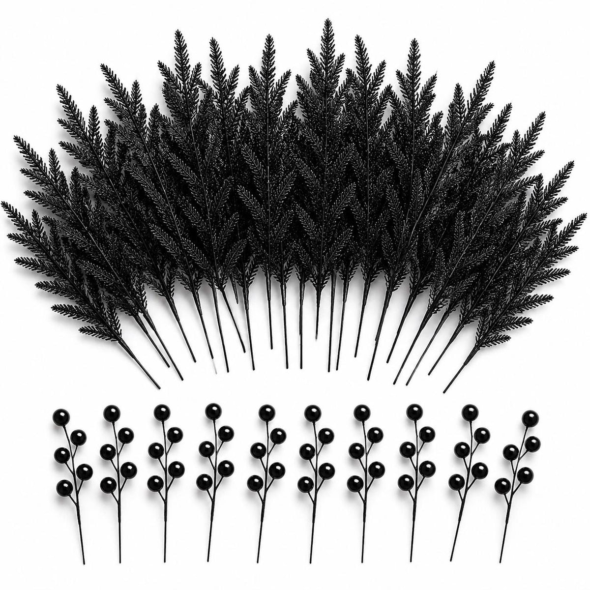 45-Piece Black Norfolk Pine Branch Set, Faux Halloween Berry Stems, Gothic Vase Filler, Wreath and Garland Supply