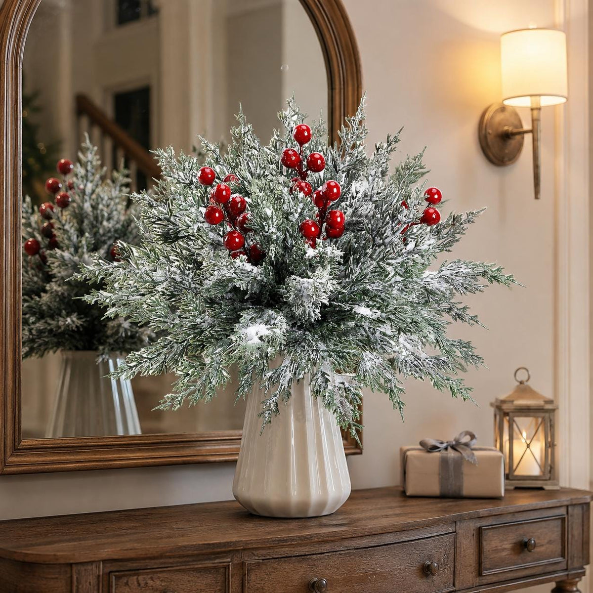 45-Piece Snowy Norfolk Pine Branch Set, Red Berry Stems, Frosted Christmas Greenery, Wreath Garland and Vase Filler