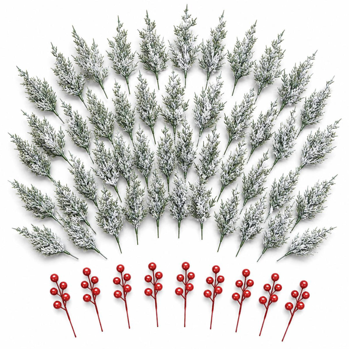 45-Piece Snowy Norfolk Pine Branch Set, Red Berry Stems, Frosted Christmas Greenery, Wreath Garland and Vase Filler