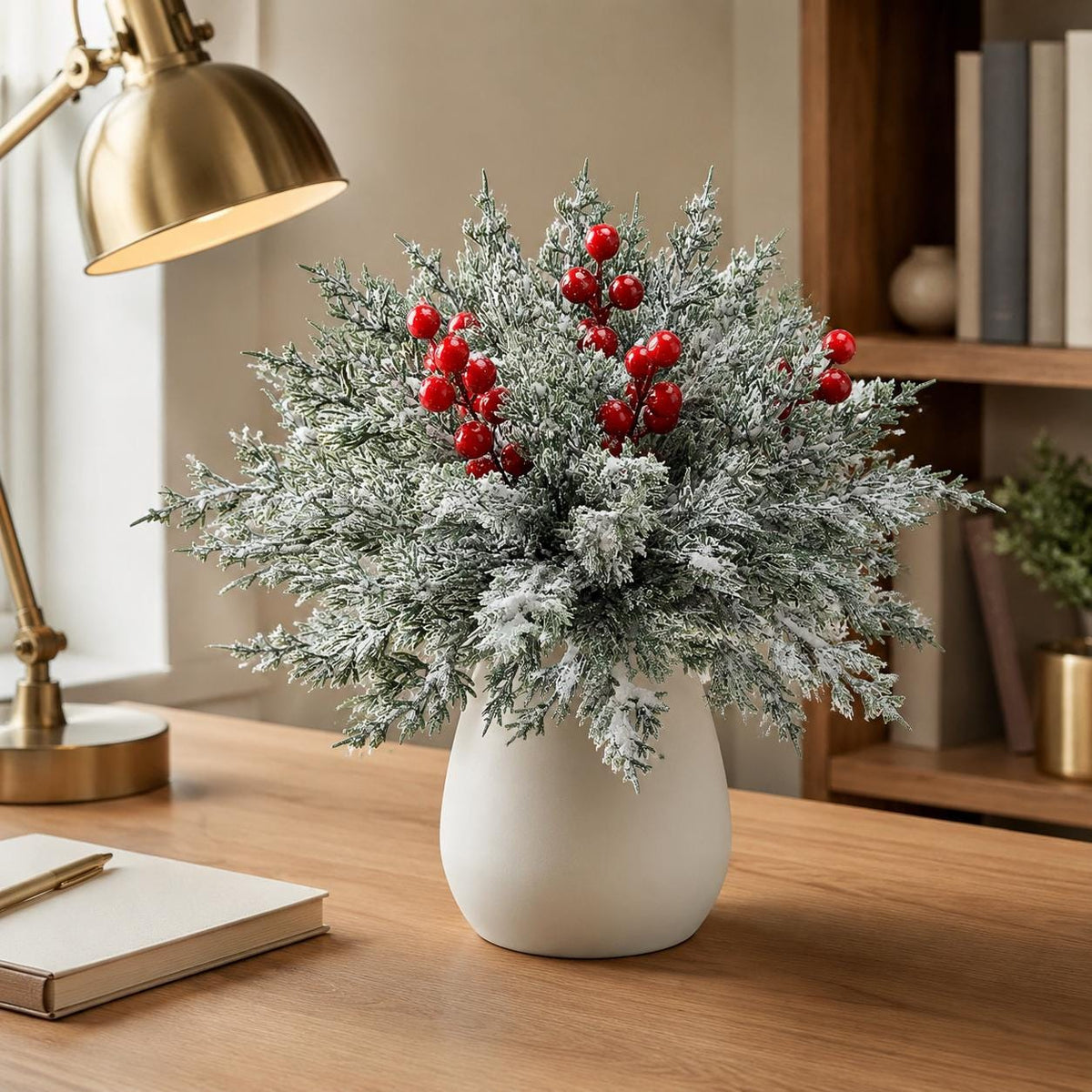 45-Piece Snowy Norfolk Pine Branch Set, Red Berry Stems, Frosted Christmas Greenery, Wreath Garland and Vase Filler