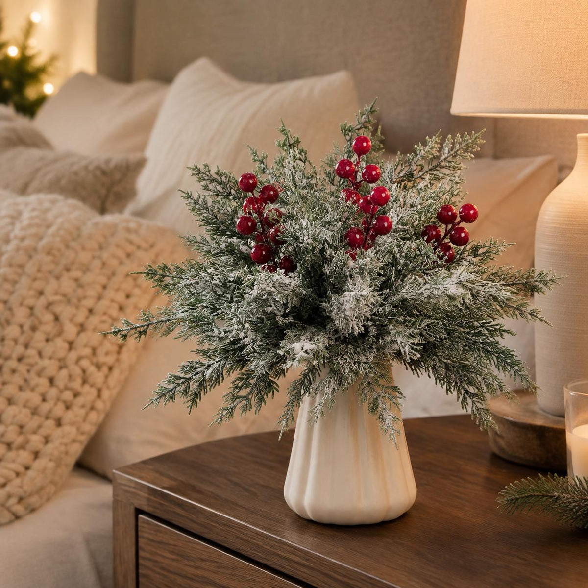45-Piece Snowy Norfolk Pine Branch Set, Red Berry Stems, Frosted Christmas Greenery, Wreath Garland and Vase Filler
