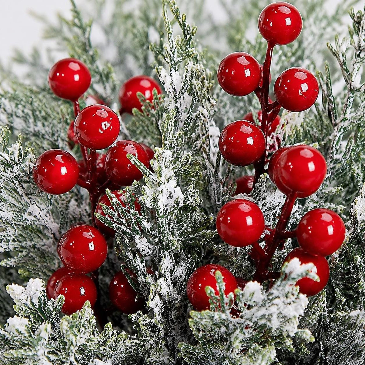 45-Piece Snowy Norfolk Pine Branch Set, Red Berry Stems, Frosted Christmas Greenery, Wreath Garland and Vase Filler