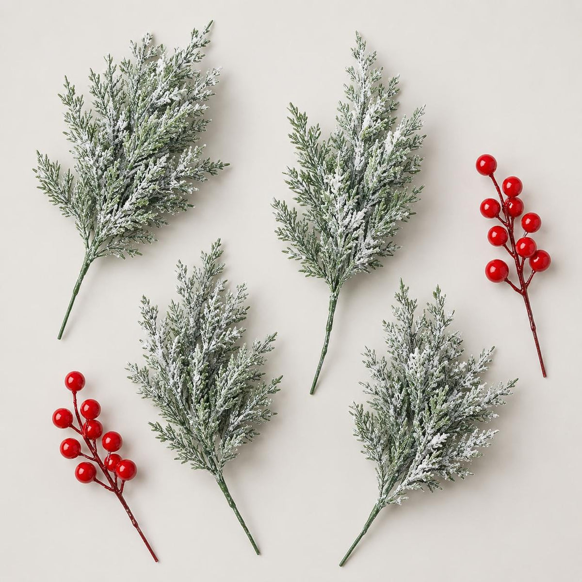 45-Piece Snowy Norfolk Pine Branch Set, Red Berry Stems, Frosted Christmas Greenery, Wreath Garland and Vase Filler