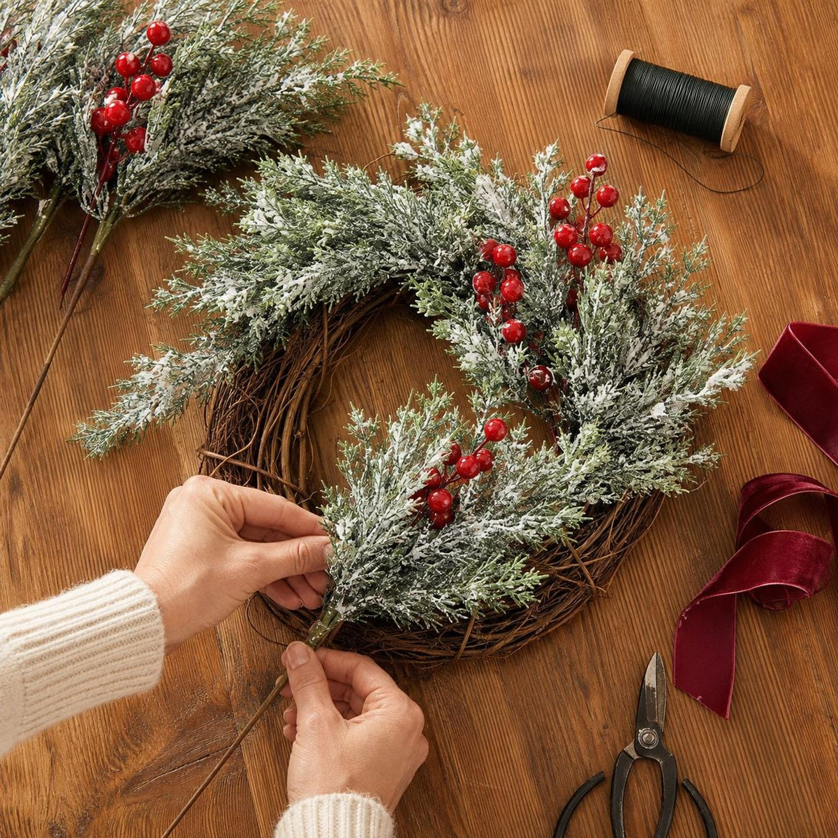 45-Piece Snowy Norfolk Pine Branch Set, Red Berry Stems, Frosted Christmas Greenery, Wreath Garland and Vase Filler