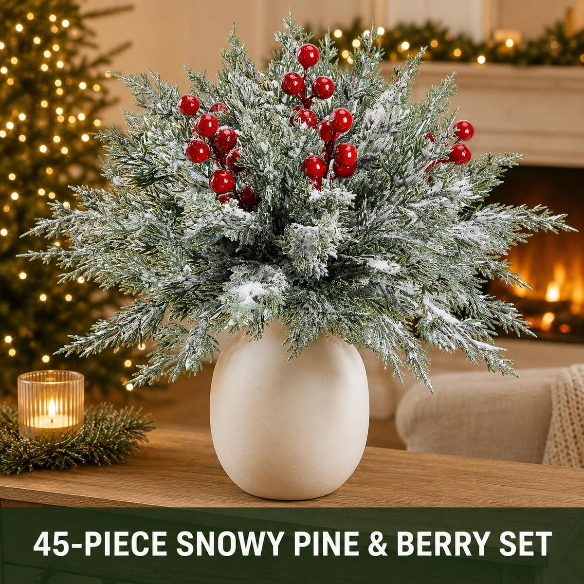 45-Piece Snowy Norfolk Pine Branch Set, Red Berry Stems, Frosted Christmas Greenery, Wreath Garland and Vase Filler