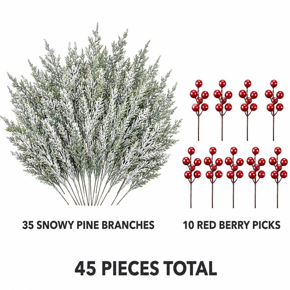 45-Piece Snowy Norfolk Pine Branch Set, Red Berry Stems, Frosted Christmas Greenery, Wreath Garland and Vase Filler