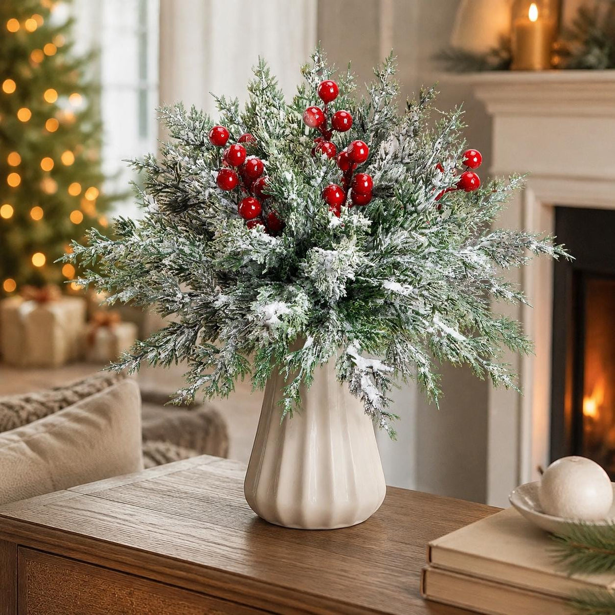 45-Piece Snowy Norfolk Pine Branch Set, Red Berry Stems, Frosted Christmas Greenery, Wreath Garland and Vase Filler