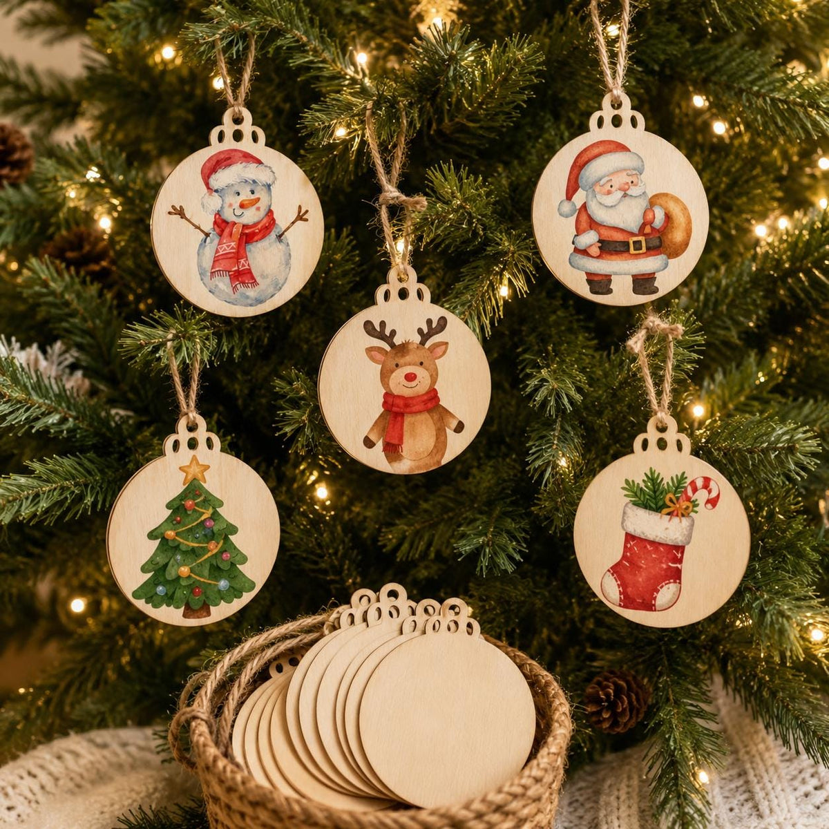 20 Unfinished Wood Ornament Blanks with Jute Cord, Round Wooden Circles for Painting, Christmas Crafts and DIY Hanging Decorations