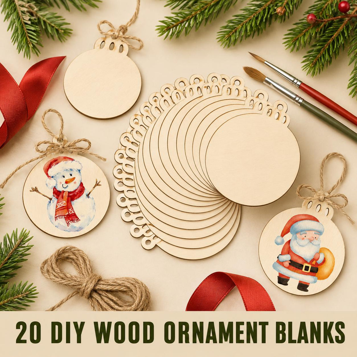 20 Unfinished Wood Ornament Blanks with Jute Cord, Round Wooden Circles for Painting, Christmas Crafts and DIY Hanging Decorations