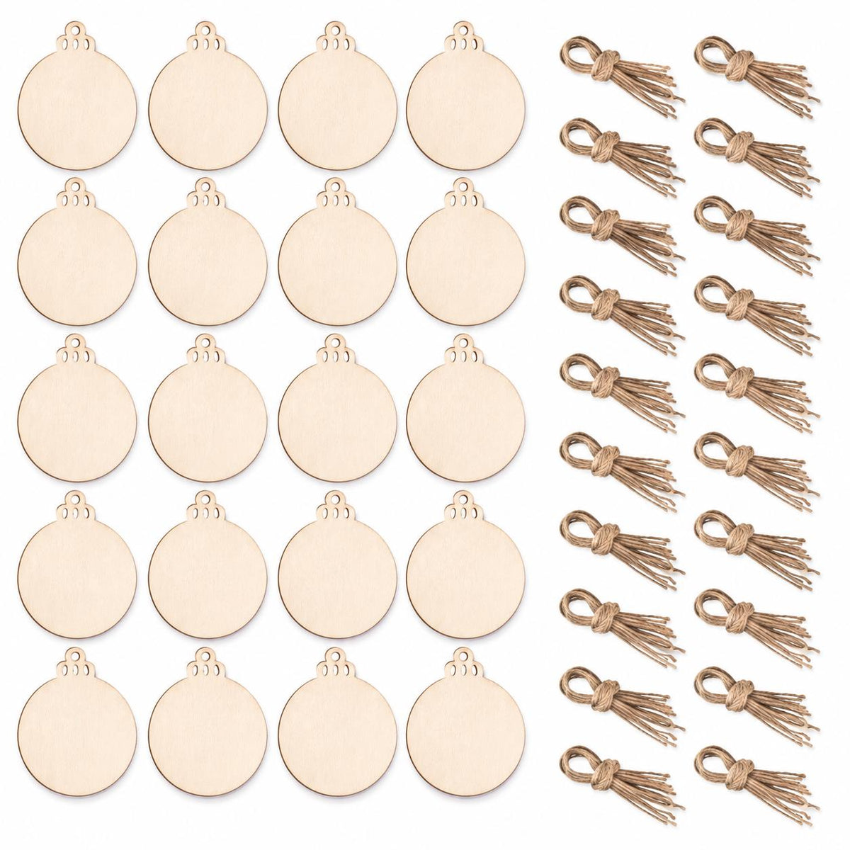20 Unfinished Wood Ornament Blanks with Jute Cord, Round Wooden Circles for Painting, Christmas Crafts and DIY Hanging Decorations