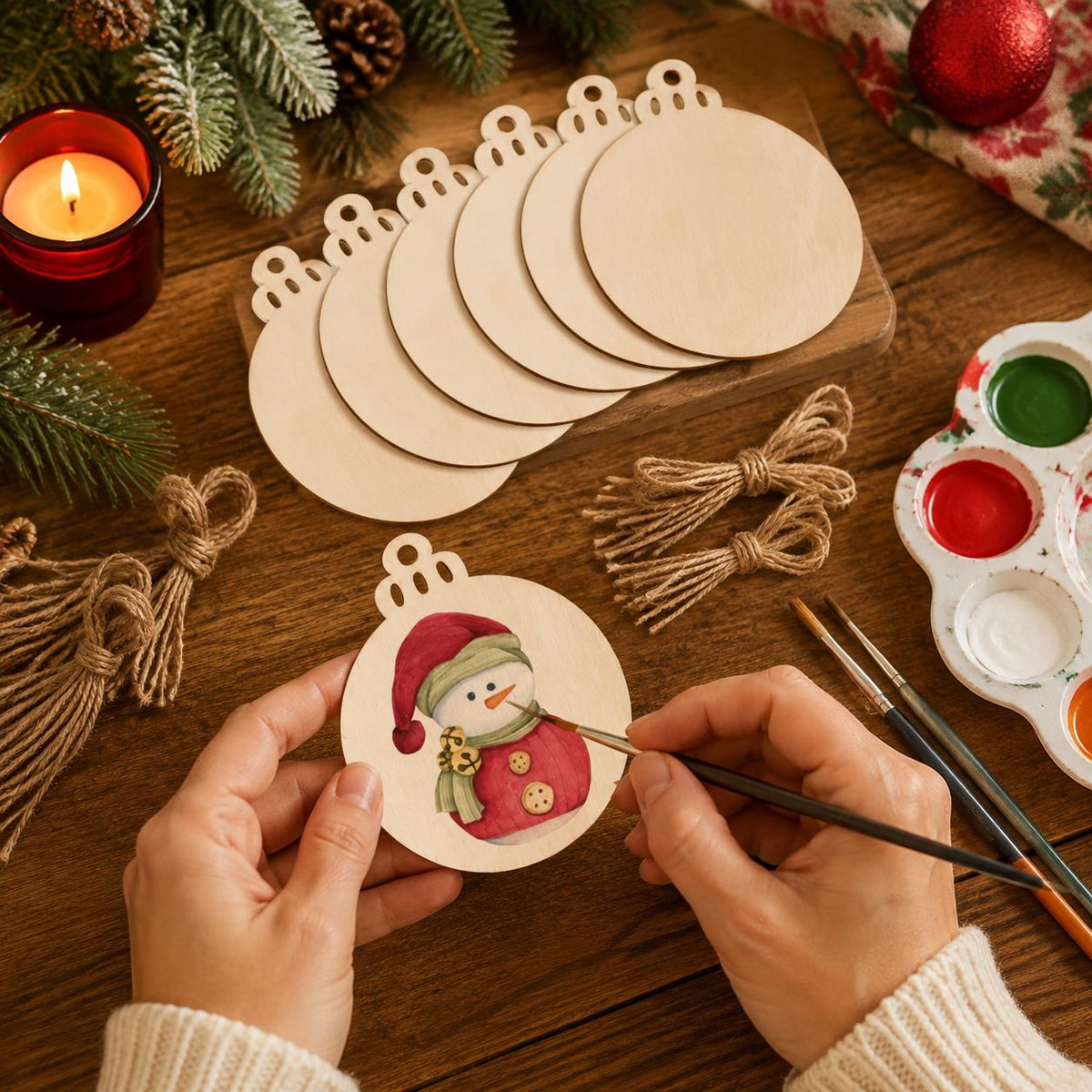 20 Unfinished Wood Ornament Blanks with Jute Cord, Round Wooden Circles for Painting, Christmas Crafts and DIY Hanging Decorations