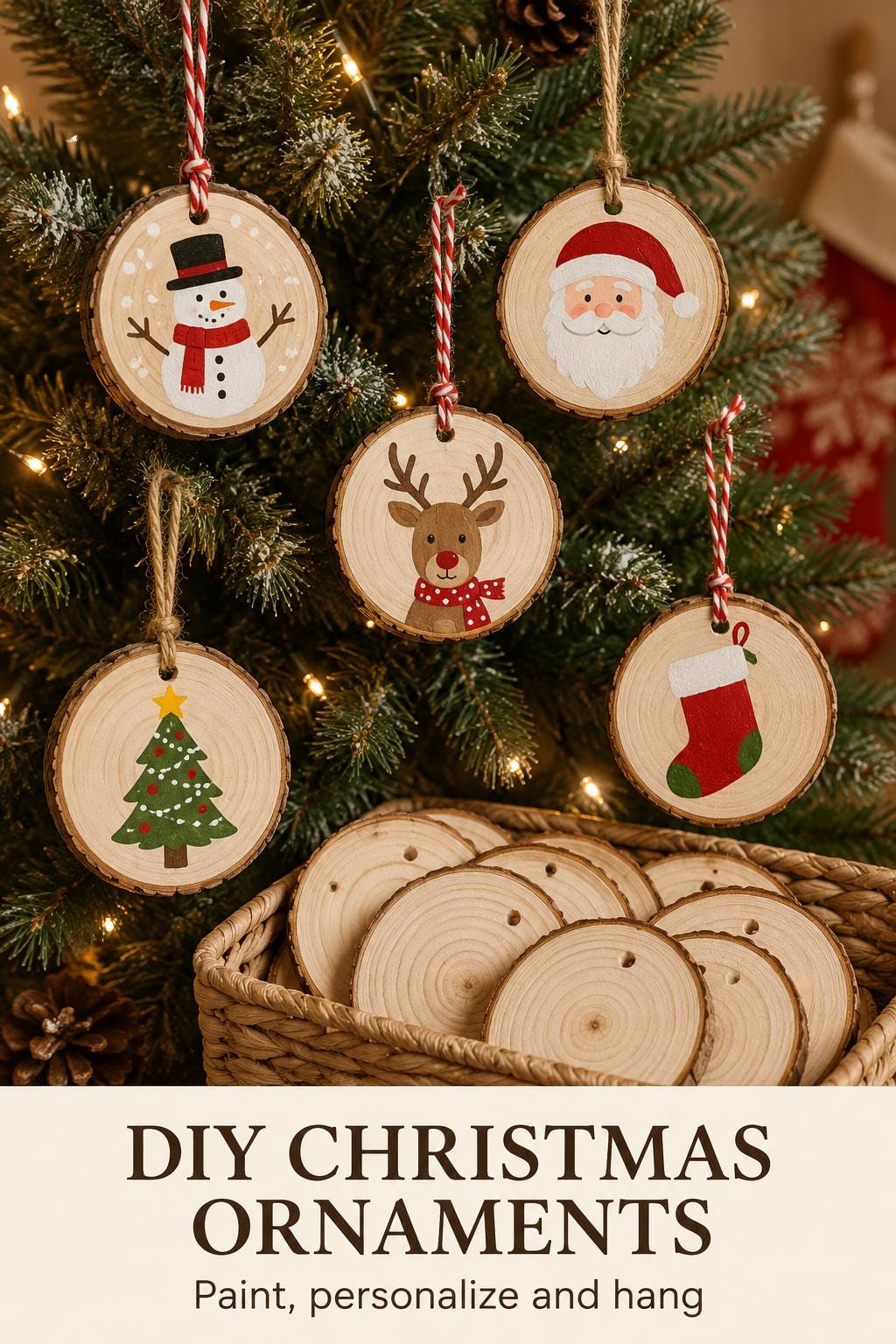 20 Natural Wood Slices with Bark, 2.7-3.1 Inch Predrilled Craft Rounds with Jute and Red White Twine for DIY Ornaments