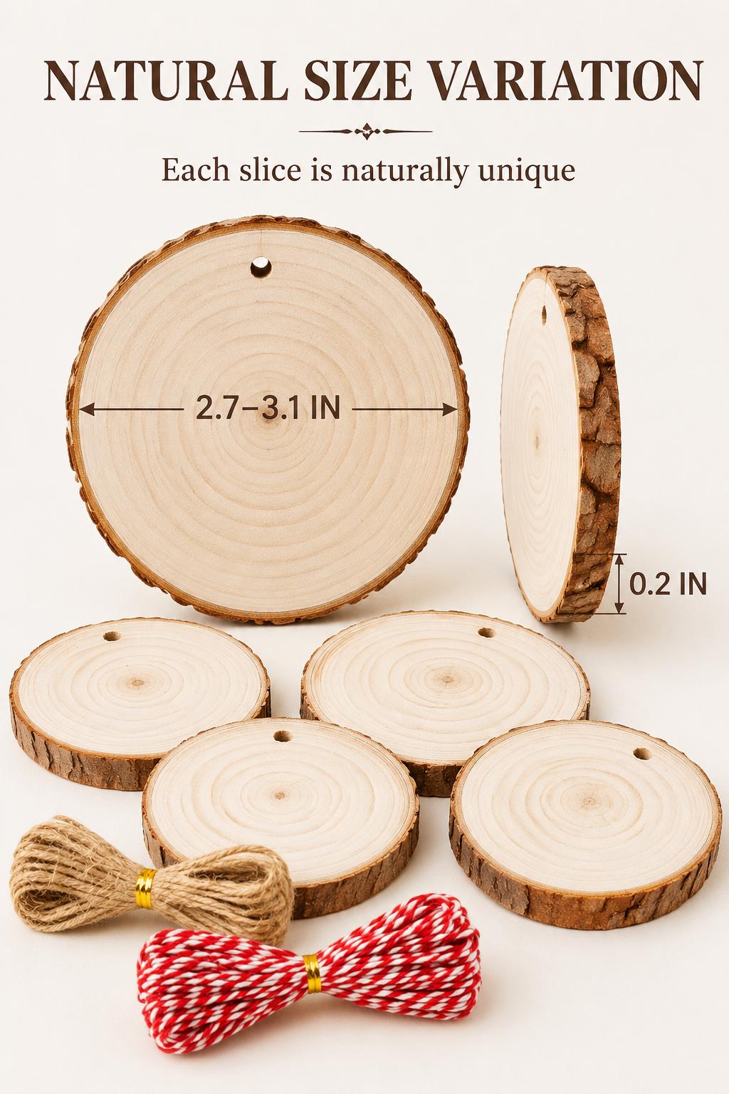 20 Natural Wood Slices with Bark, 2.7-3.1 Inch Predrilled Craft Rounds with Jute and Red White Twine for DIY Ornaments