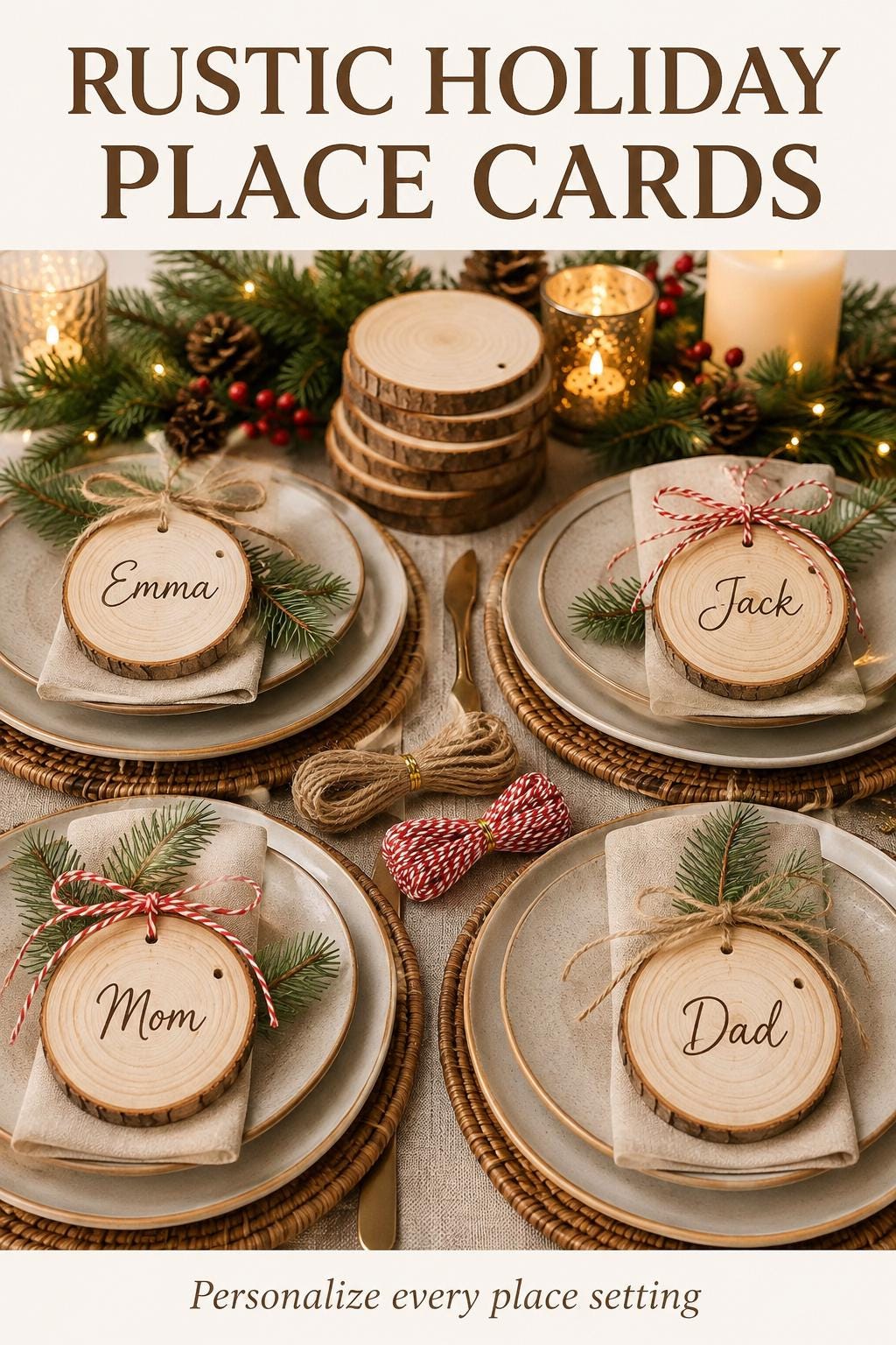 20 Natural Wood Slices with Bark, 2.7-3.1 Inch Predrilled Craft Rounds with Jute and Red White Twine for DIY Ornaments