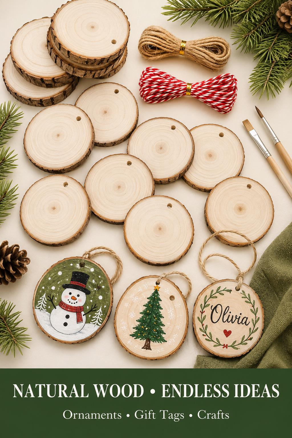 20 Natural Wood Slices with Bark, 2.7-3.1 Inch Predrilled Craft Rounds with Jute and Red White Twine for DIY Ornaments
