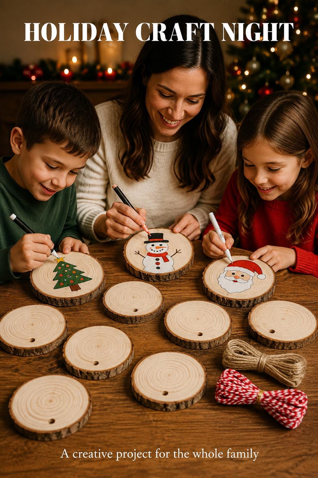 20 Natural Wood Slices with Bark, 2.7-3.1 Inch Predrilled Craft Rounds with Jute and Red White Twine for DIY Ornaments