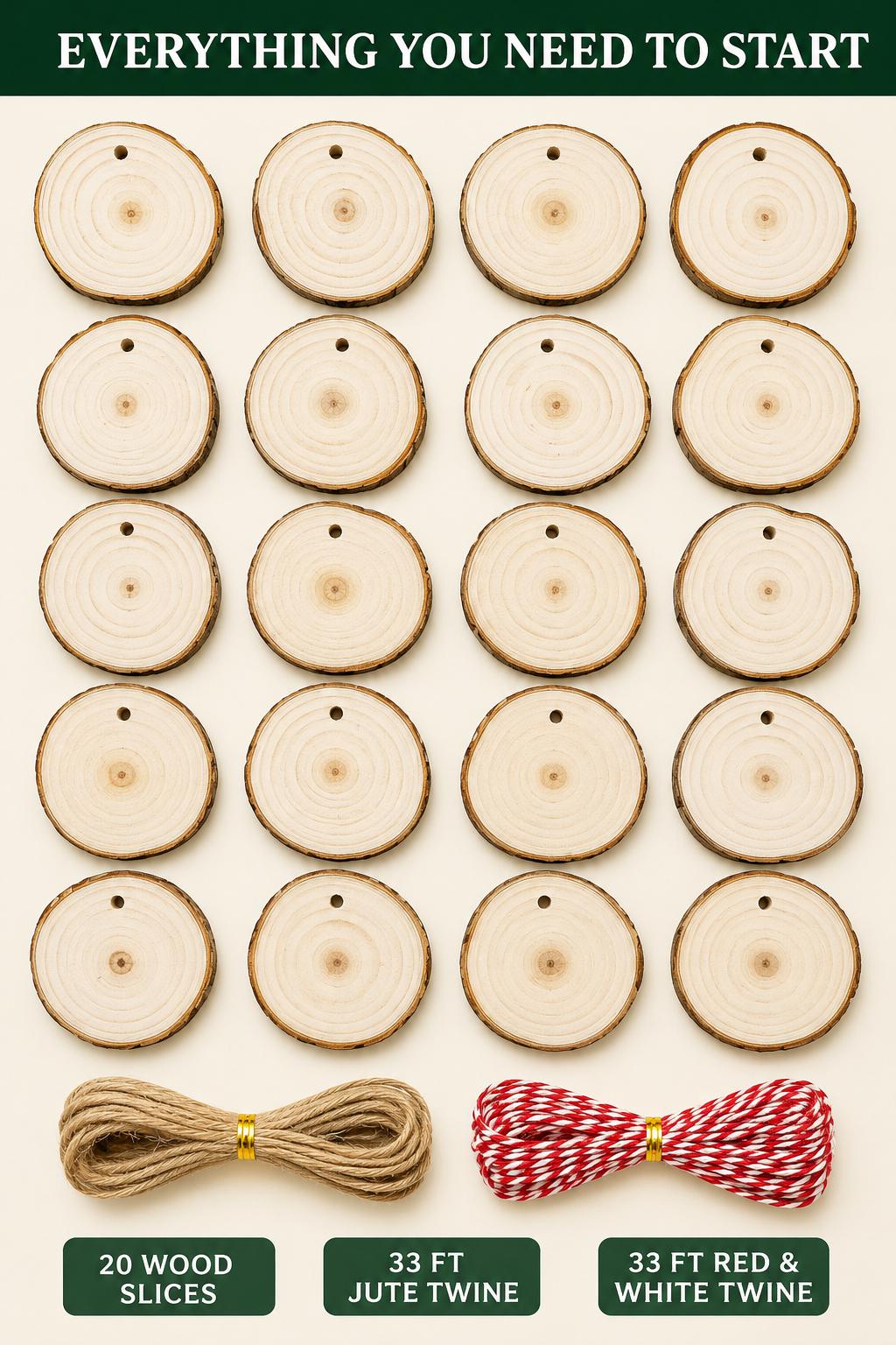 20 Natural Wood Slices with Bark, 2.7-3.1 Inch Predrilled Craft Rounds with Jute and Red White Twine for DIY Ornaments