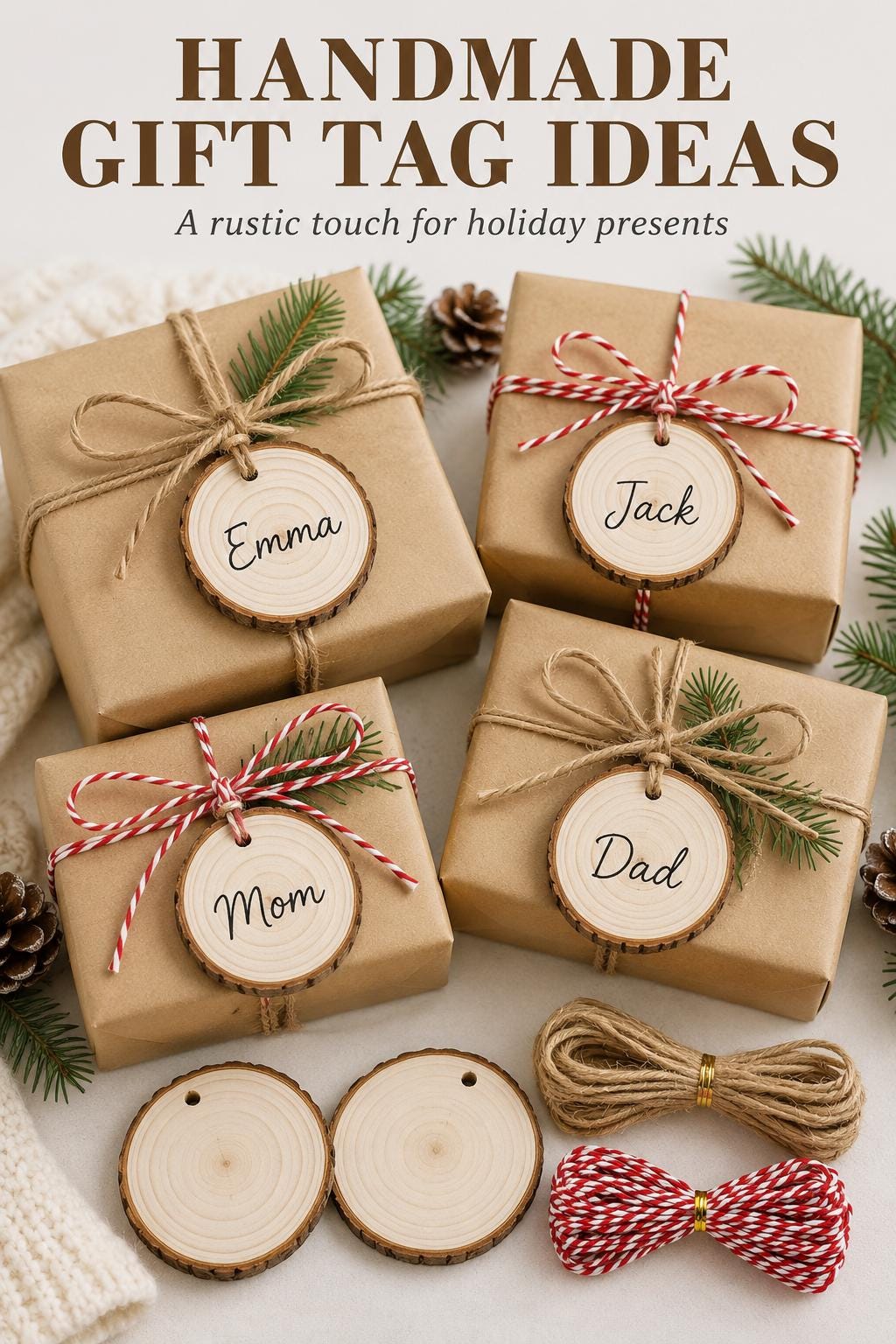 20 Natural Wood Slices with Bark, 2.7-3.1 Inch Predrilled Craft Rounds with Jute and Red White Twine for DIY Ornaments