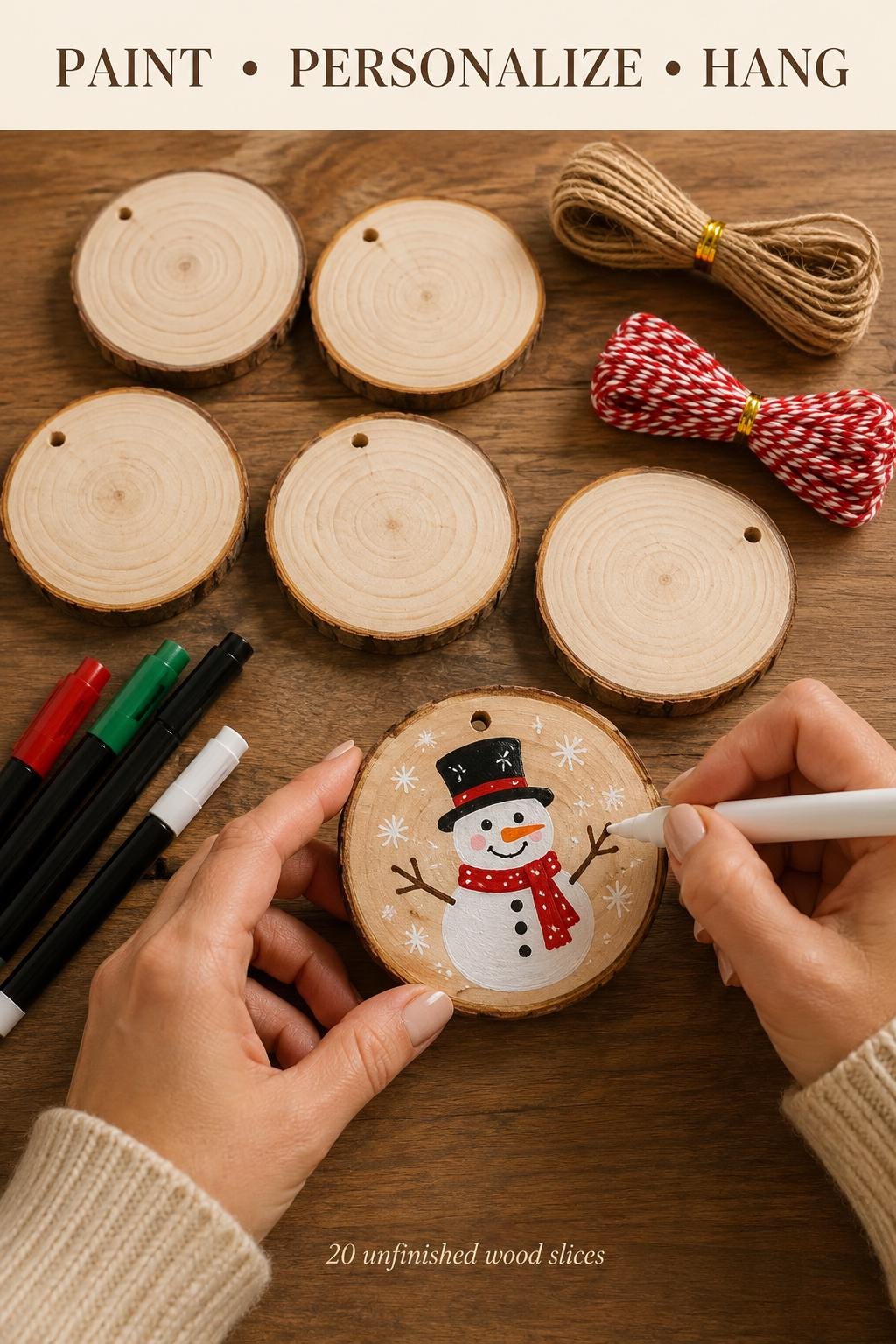 20 Natural Wood Slices with Bark, 2.7-3.1 Inch Predrilled Craft Rounds with Jute and Red White Twine for DIY Ornaments