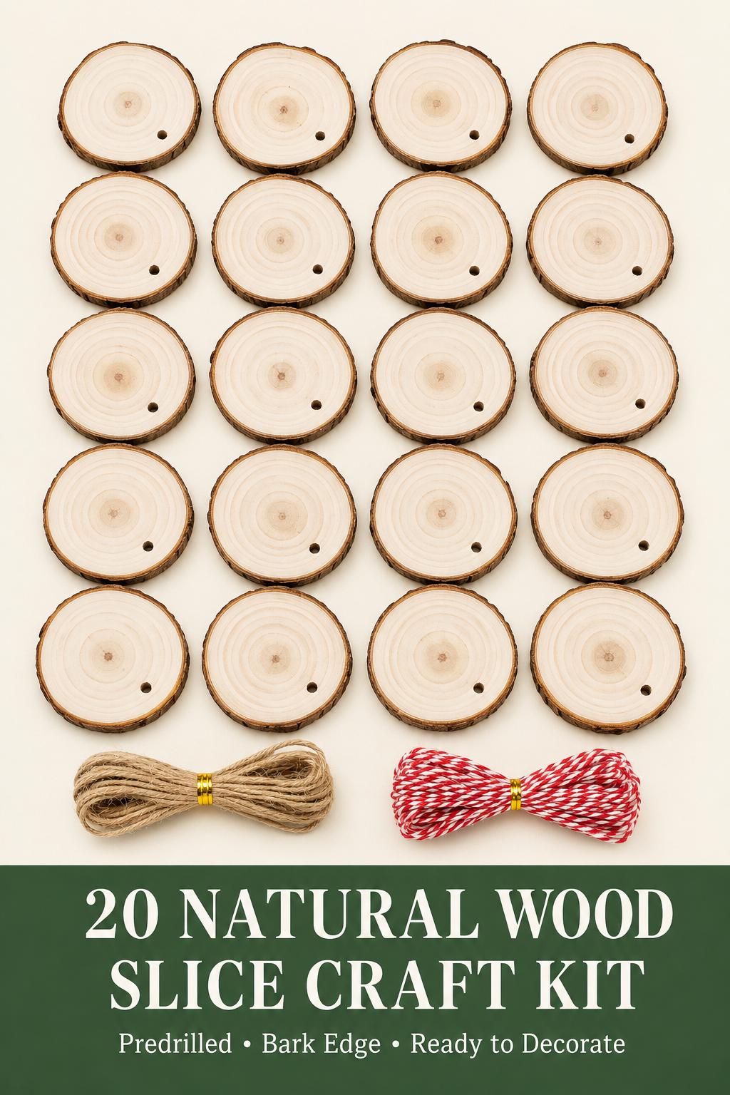 20 Natural Wood Slices with Bark, 2.7-3.1 Inch Predrilled Craft Rounds with Jute and Red White Twine for DIY Ornaments