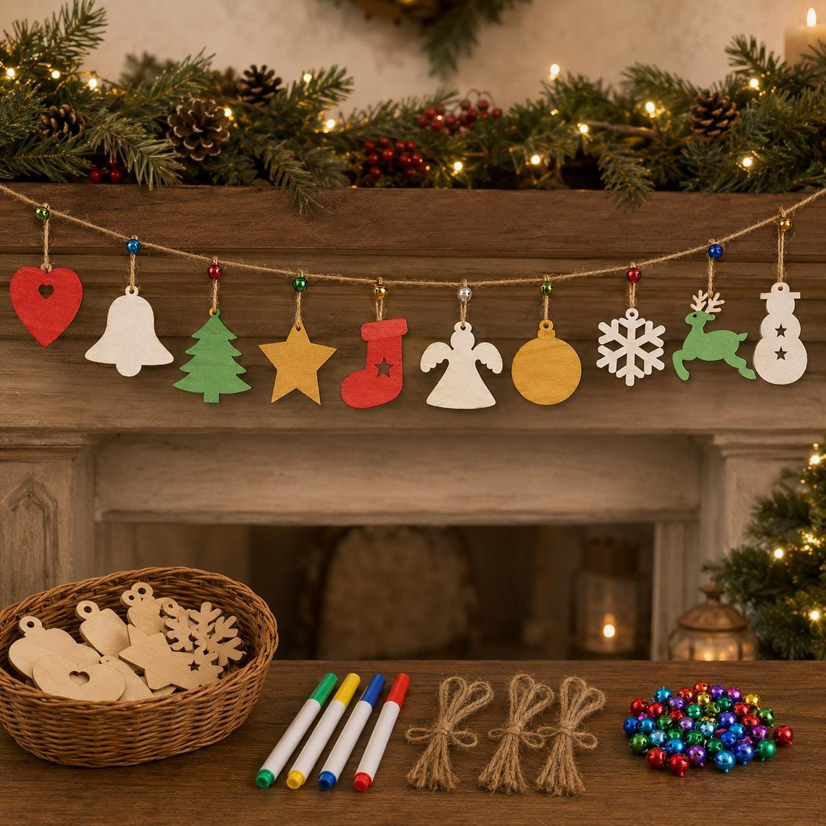 50-Piece Unfinished Wood Christmas Ornament Kit, 10 Shapes with Bells, Twine and Markers, DIY Holiday Craft Set