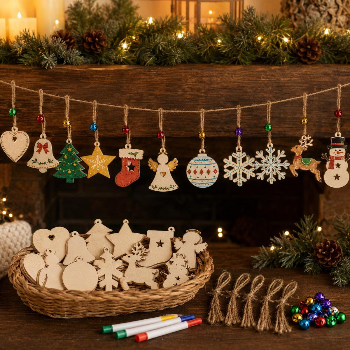 50-Piece Unfinished Wood Christmas Ornament Kit, 10 Shapes with Bells, Twine and Markers, DIY Holiday Craft Set