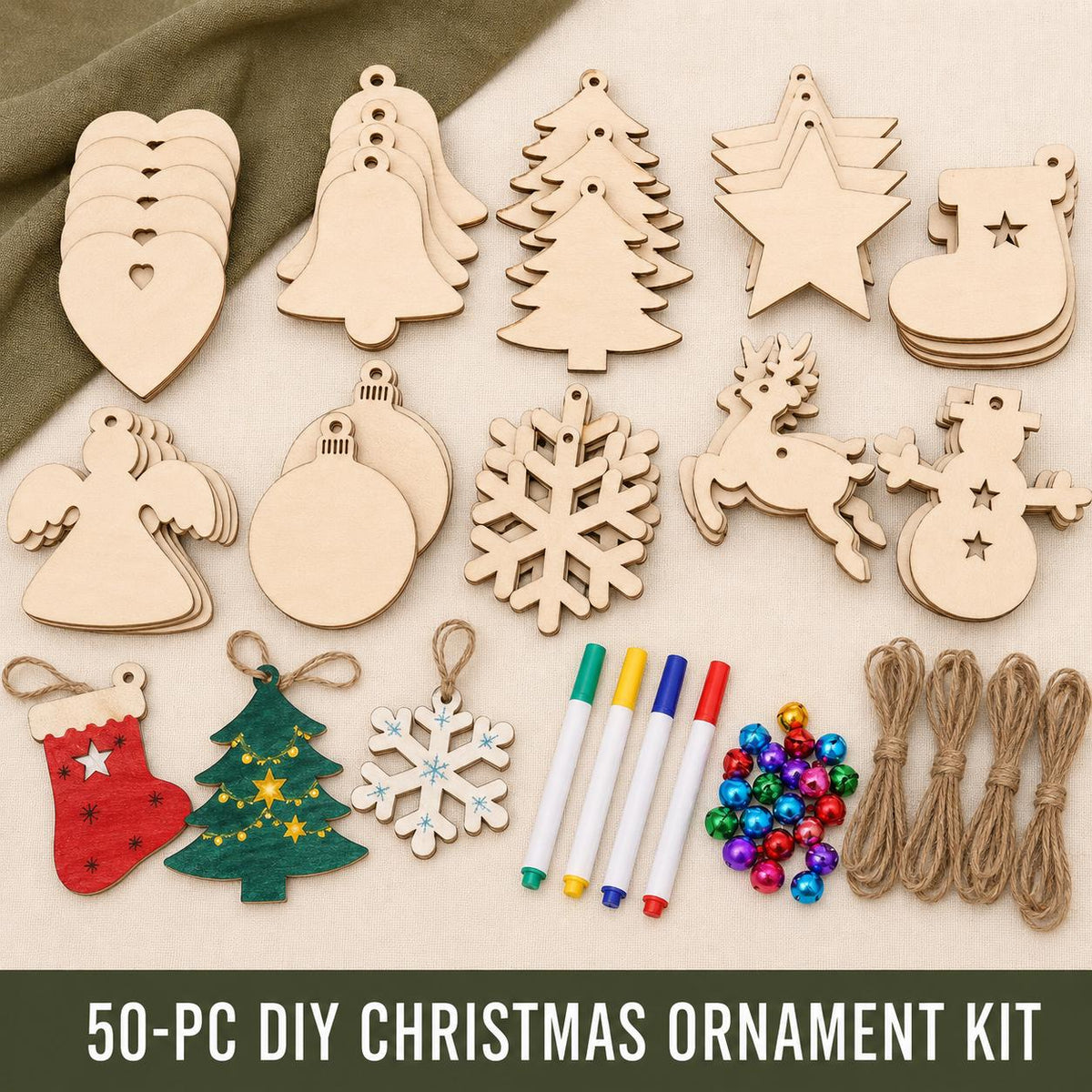 50-Piece Unfinished Wood Christmas Ornament Kit, 10 Shapes with Bells, Twine and Markers, DIY Holiday Craft Set