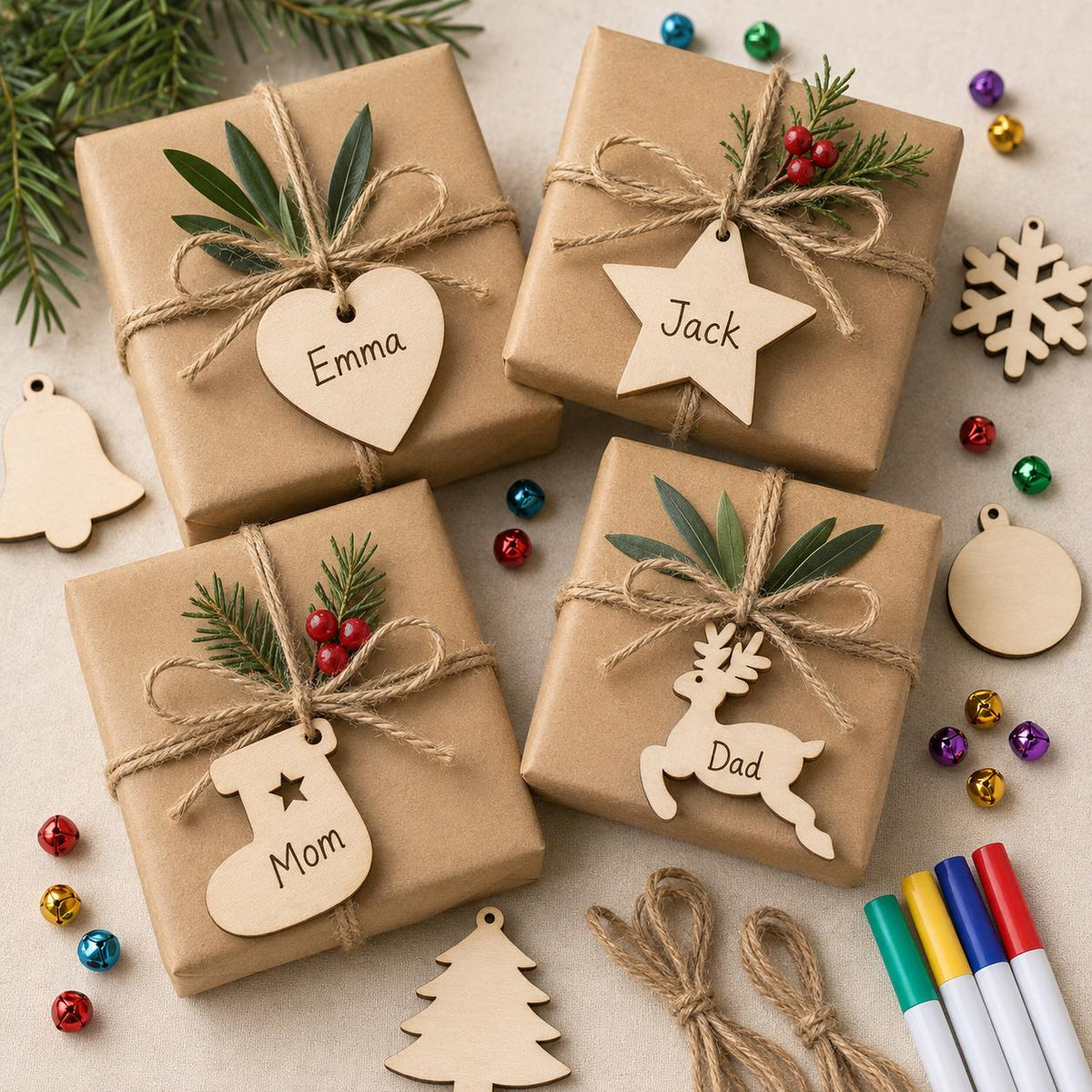 50-Piece Unfinished Wood Christmas Ornament Kit, 10 Shapes with Bells, Twine and Markers, DIY Holiday Craft Set