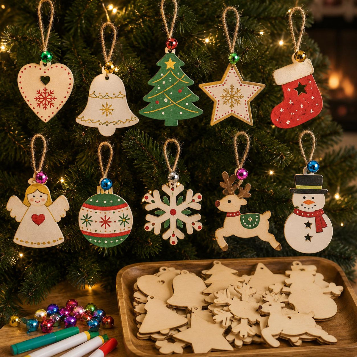 50-Piece Unfinished Wood Christmas Ornament Kit, 10 Shapes with Bells, Twine and Markers, DIY Holiday Craft Set