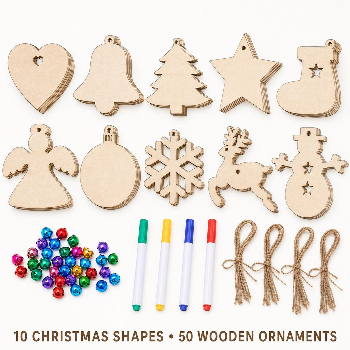 50-Piece Unfinished Wood Christmas Ornament Kit, 10 Shapes with Bells, Twine and Markers, DIY Holiday Craft Set