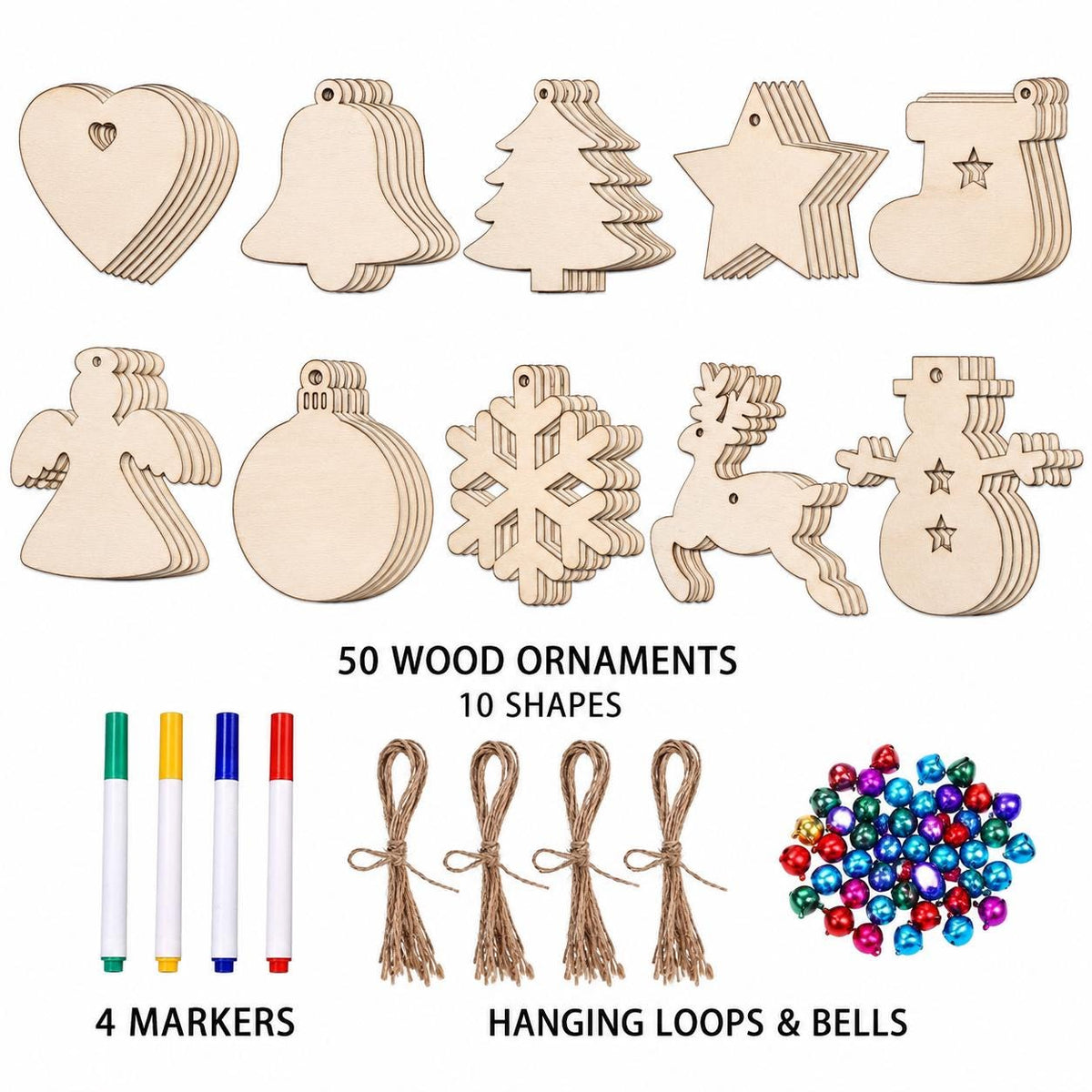 50-Piece Unfinished Wood Christmas Ornament Kit, 10 Shapes with Bells, Twine and Markers, DIY Holiday Craft Set