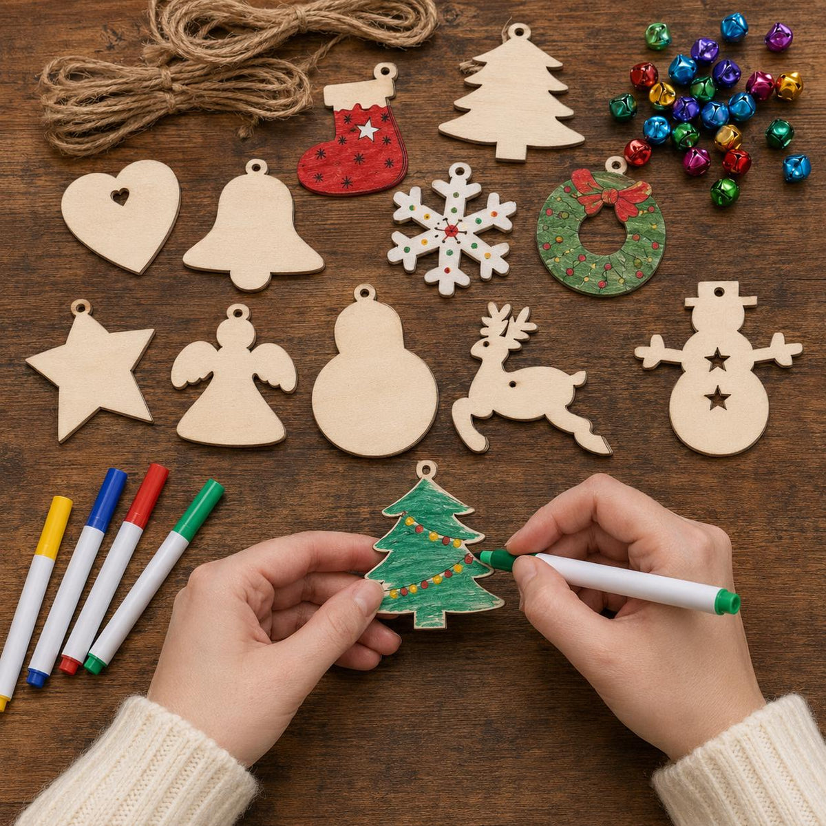 50-Piece Unfinished Wood Christmas Ornament Kit, 10 Shapes with Bells, Twine and Markers, DIY Holiday Craft Set