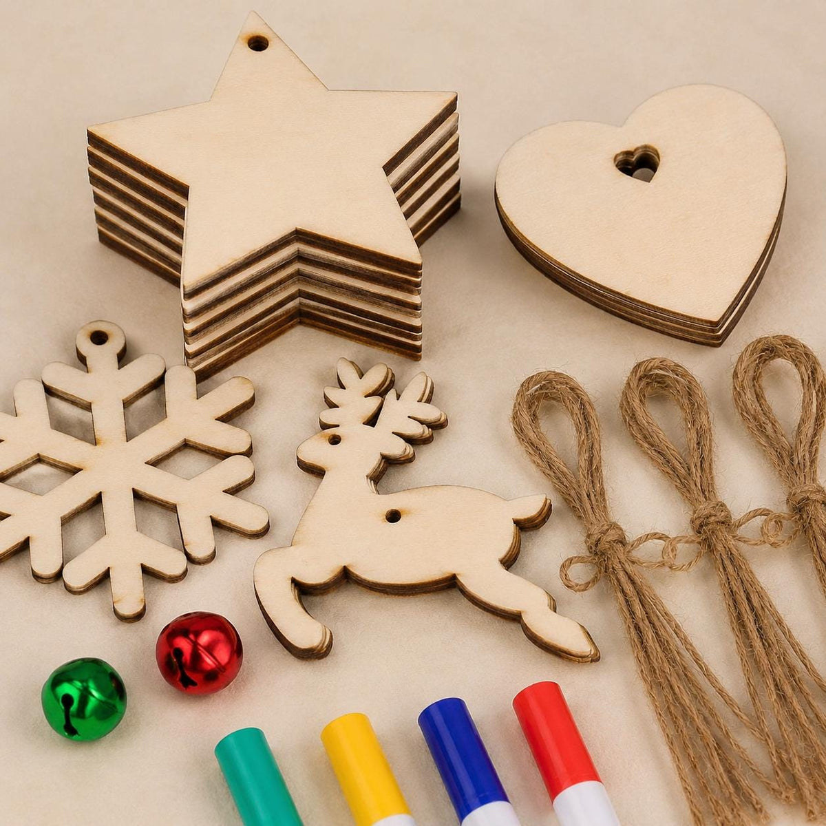 50-Piece Unfinished Wood Christmas Ornament Kit, 10 Shapes with Bells, Twine and Markers, DIY Holiday Craft Set