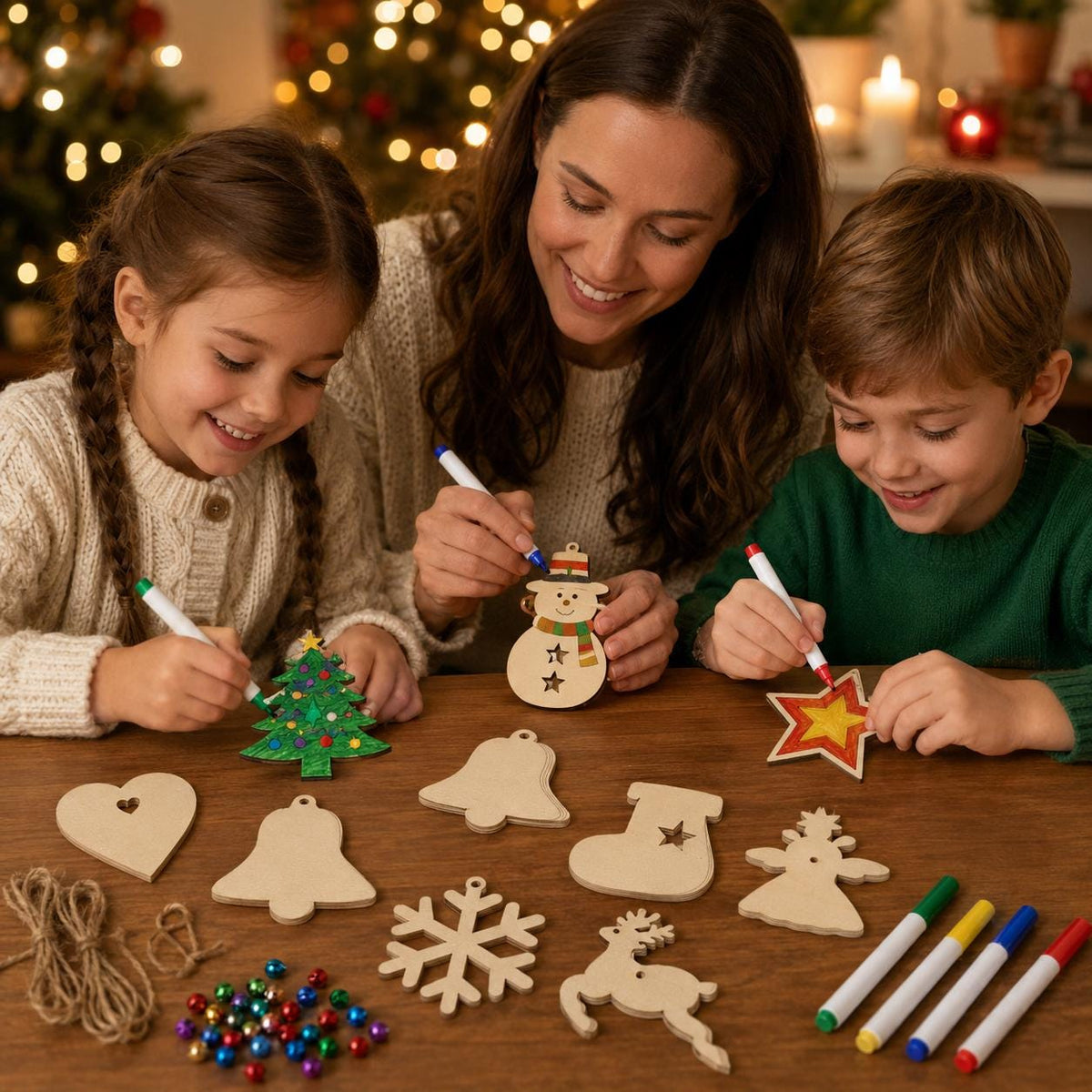 50-Piece Unfinished Wood Christmas Ornament Kit, 10 Shapes with Bells, Twine and Markers, DIY Holiday Craft Set
