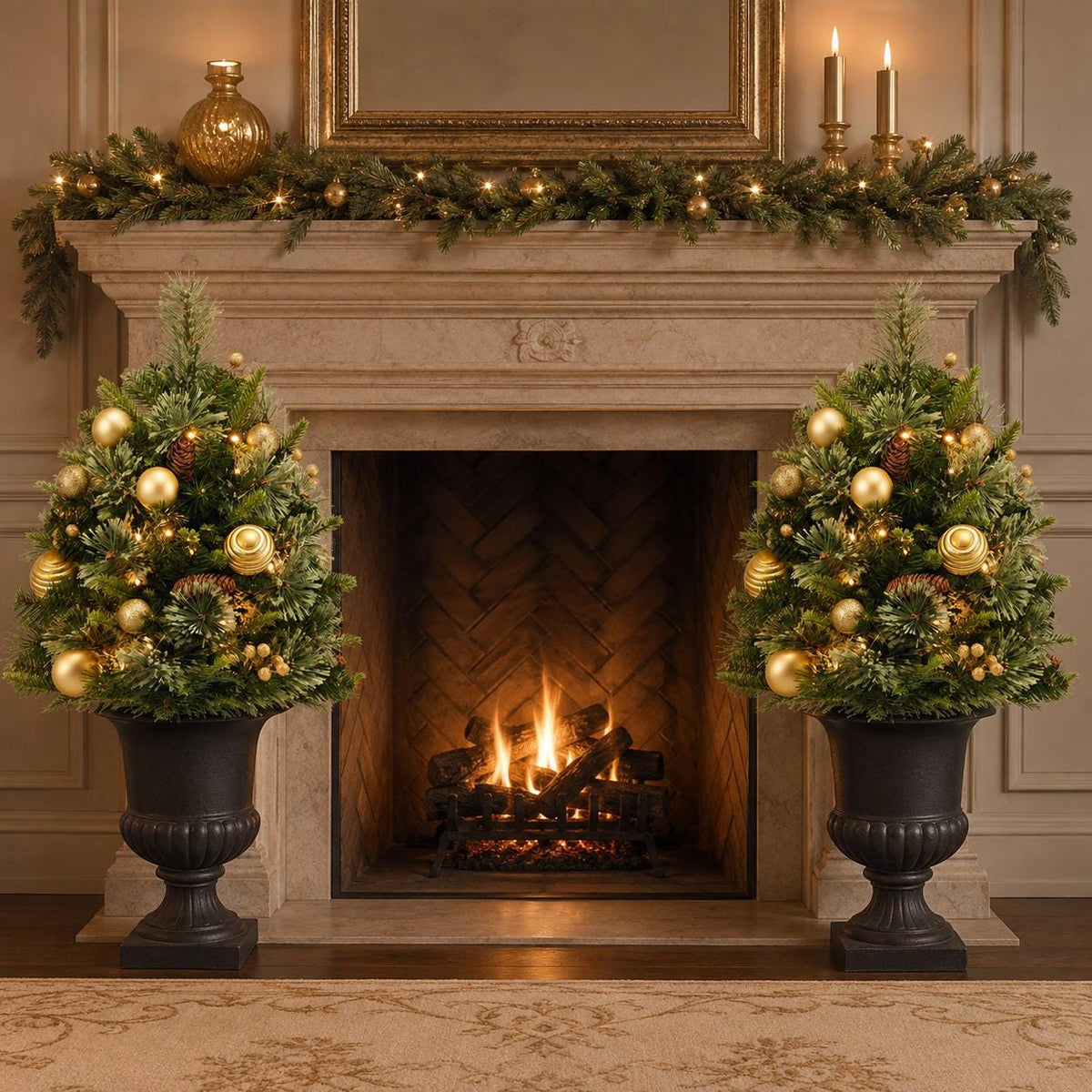 Set of 2 Pre-Lit Mini Christmas Tree Urn Fillers, 30 Inch Artificial Pine Trees with Gold Ornaments, Battery Porch Decor