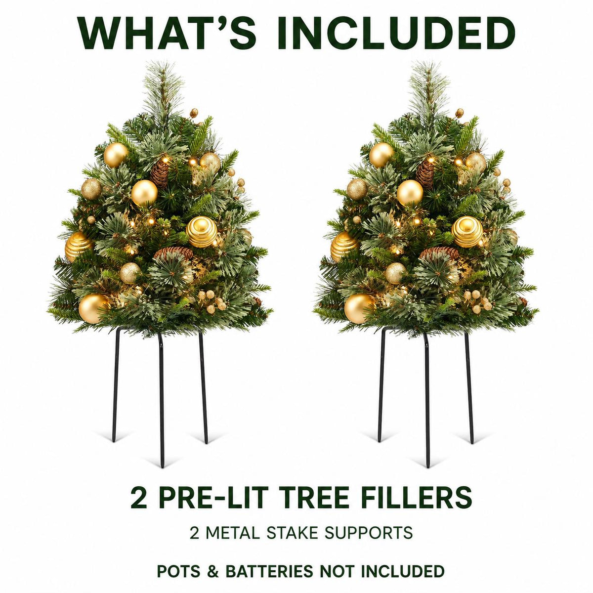 Set of 2 Pre-Lit Mini Christmas Tree Urn Fillers, 30 Inch Artificial Pine Trees with Gold Ornaments, Battery Porch Decor